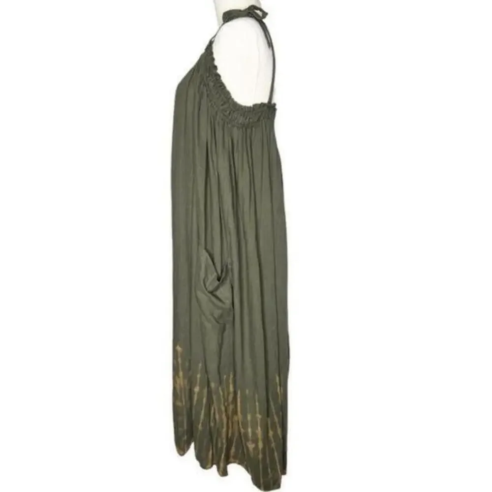 FREE PEOPLE Tie‎ Shoulder Oversized Boho Dress Olive Tie Dye Size Small